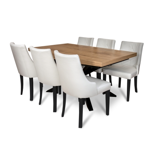 Zestaw mebli: Stół rozkładany SJ50 160/90 + 2×40 cm + 6 krzeseł KW100 Skóra naturalna