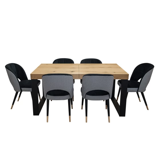 Designerski Stół rozkładany SJ51 140/80 + 40 cm wkładka + 6 krzeseł KW112 Pepitka