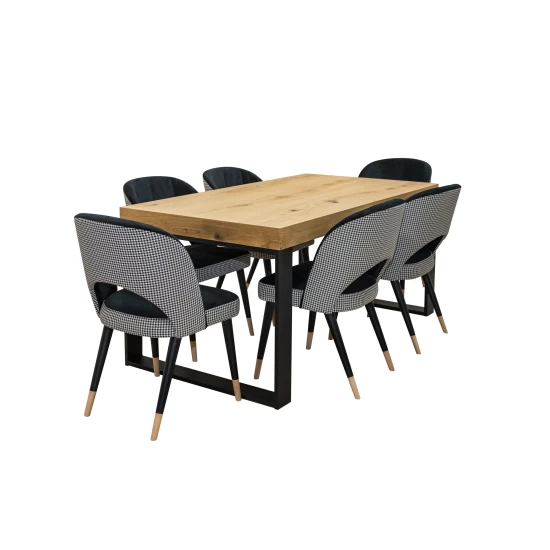 Designerski Stół rozkładany SJ51 140/80 + 40 cm wkładka + 6 krzeseł KW112 Pepitka