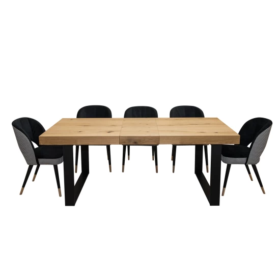 Designerski Stół rozkładany SJ51 140/80 + 40 cm wkładka + 6 krzeseł KW112 Pepitka
