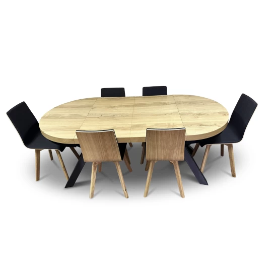 Stół z krzesłami, stół rozkładany fi 100 + 2x50 cm LOFT + 6 krzeseł LUKA