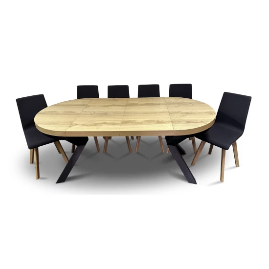 Stół z krzesłami, stół rozkładany fi 100 + 2x50 cm LOFT + 6 krzeseł LUKA