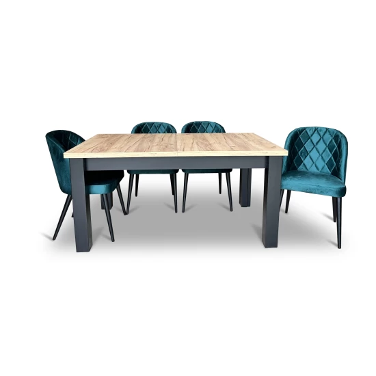 ZESTAW MEBLI: Designerski Stół rozkładany OKTO 160/90 + 4x 50 cm + 8 krzeseł Pepitka