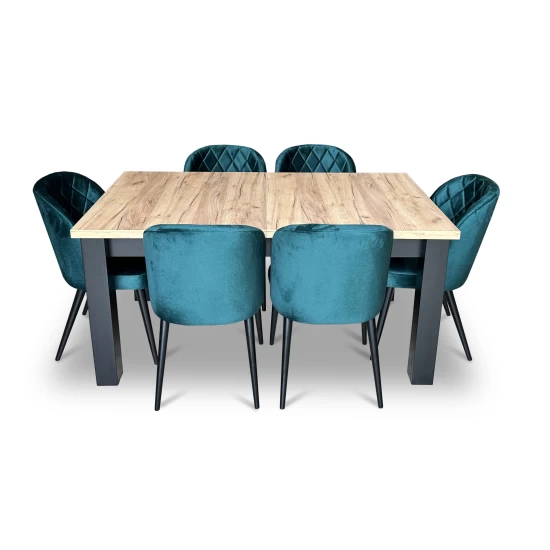 ZESTAW MEBLI: Designerski Stół rozkładany OKTO 160/90 + 4x 50 cm + 8 krzeseł Pepitka
