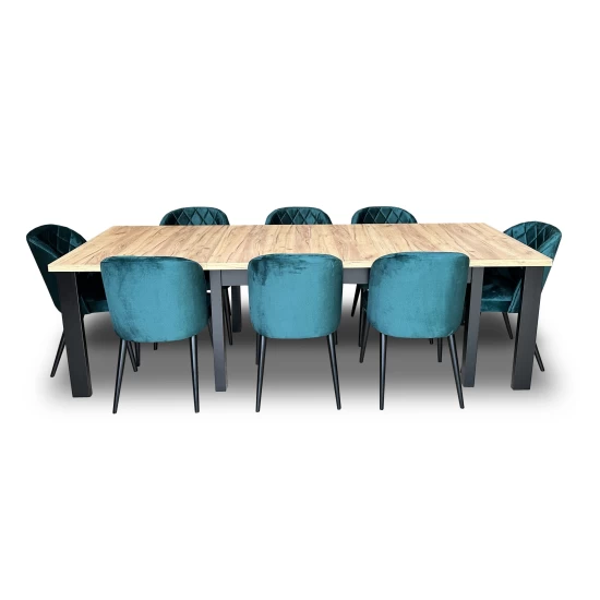 ZESTAW MEBLI: Designerski Stół rozkładany OKTO 160/90 + 4x 50 cm + 8 krzeseł Pepitka