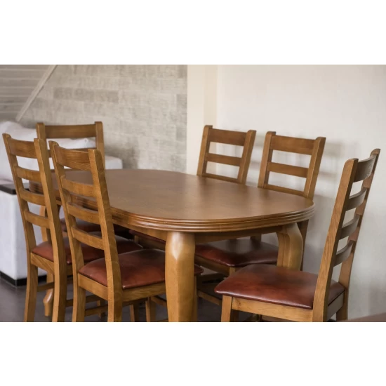 Stół rozkładany 160+2x40 cm Ludwik + 6 Krzeseł CORTEZ Skóra Naturalna