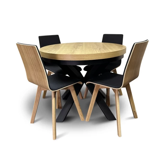 Zestaw Stół rozkładany okrągły LOFT X fi 100 + 4 krzesła LUKA