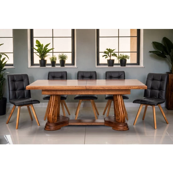Stół Capri 200/100 + 2x50 cm +6 krzeseł KW110 skóra naturalna