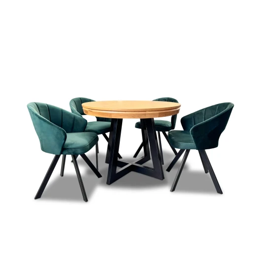 Stół Loft IV 100 cm, 2x wkładki 50 cm + 4 krzesła obrotowe Faro