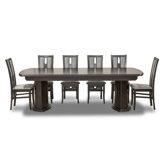 Stół Dalia standard orzech 250/100 + 2 x 50 cm + 8 krzeseł KJ44