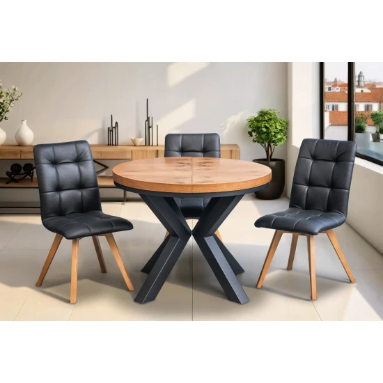 Stół loft X fi 100 + 2 x 50 cm + 6 krzeseł KW110 skóra naturalna