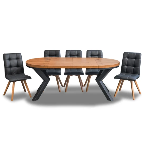 Stół loft X fi 100 + 2 x 50 cm + 6 krzeseł KW110 skóra naturalna