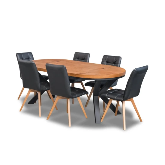 Stół loft X fi 100 + 2 x 50 cm + 6 krzeseł KW110 skóra naturalna
