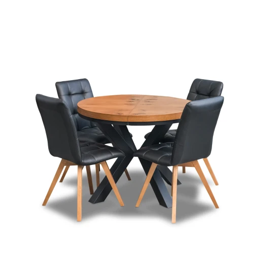 Stół loft X fi 100 + 2 x 50 cm + 6 krzeseł KW110 skóra naturalna