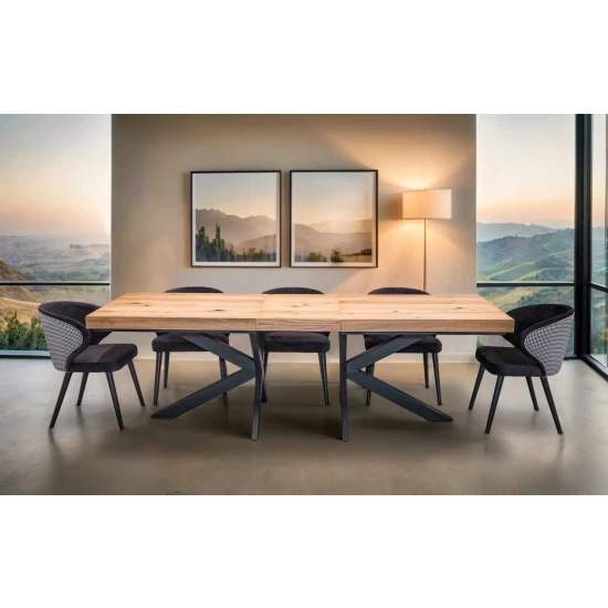 Stół Loft P2 400 cm Dębowy rozkładany 100x200 + 4x50 cm + 6 Krzeseł Pepitka Duo