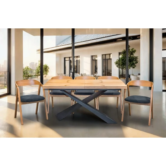 Stół Loft Top P1 200/100 + 2 x 50 cm + 6 krzeseł dębowych X1