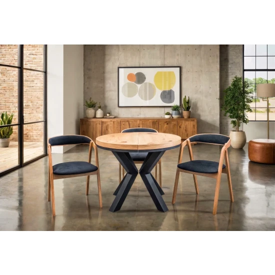 Stół okrągły rozkładany fi 100 + 2 x 50 cm LOFT + 4 Krzesła X1