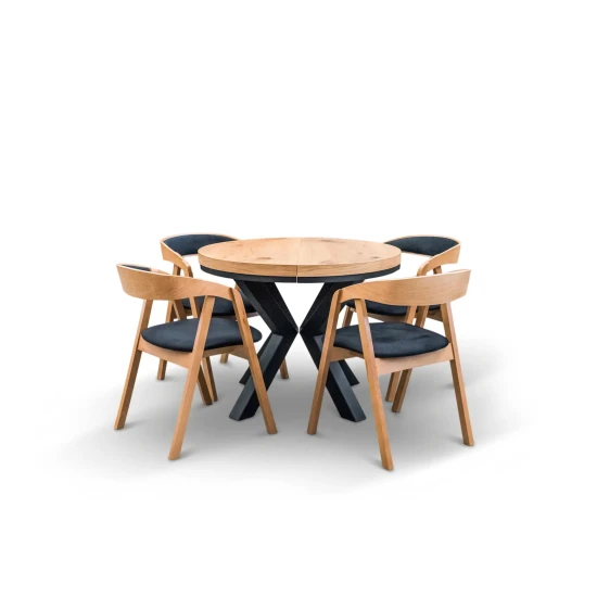 Stół okrągły rozkładany fi 100 + 2 x 50 cm LOFT + 4 Krzesła X1