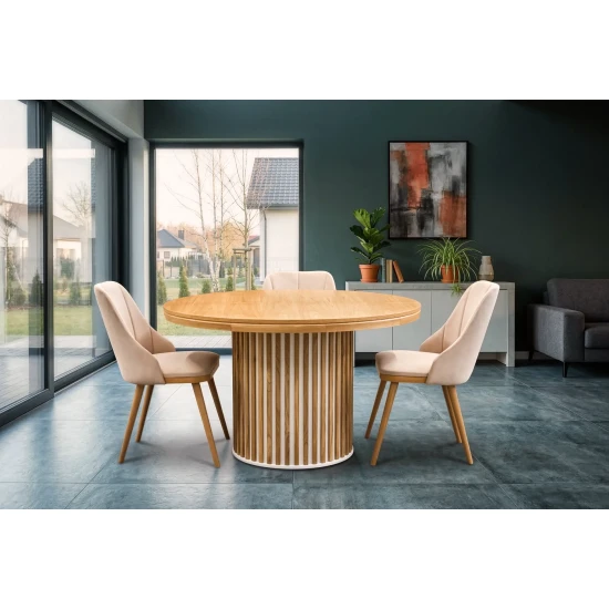 Stół LOFT O Fi 130 cm, rozkładany, wkładka 3x60cm + 6 krzeseł Tokyo