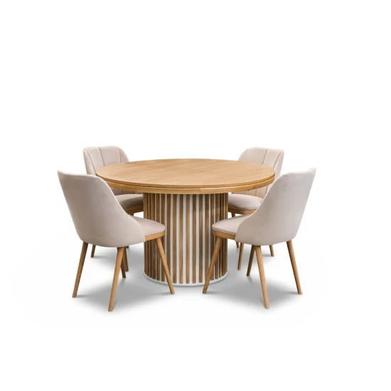 Stół LOFT O Fi 130 cm, rozkładany, wkładka 3x60cm + 6 krzeseł Tokyo