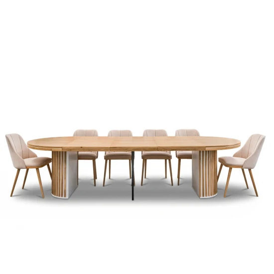 Stół LOFT O Fi 130 cm, rozkładany, wkładka 3x60cm + 6 krzeseł Tokyo